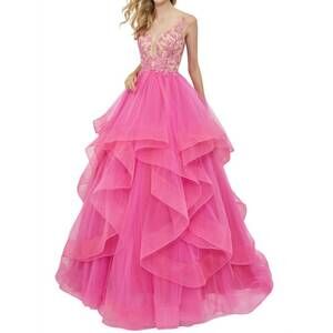 NEW ANGELA & ALISON plunging v-neck prom dress in fuchsia